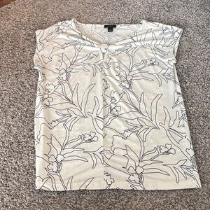 Ann Taylor White Tank Top with Navy Floral Outline